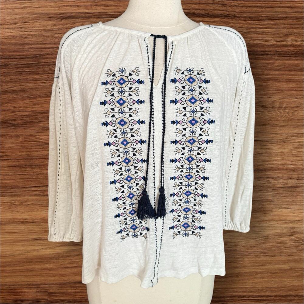 Lucky Brand White Linen Blend‎ Embroidered Boho Top Sz M Festival Knit Tassels